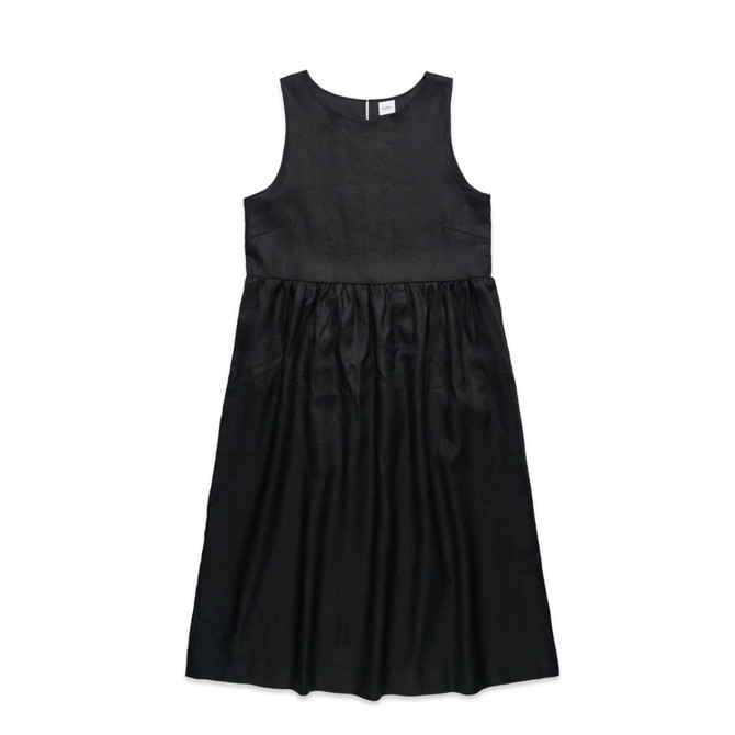 A black linen dress with a sleeveless design and gathered skirt, featuring a simple, elegant silhouette.