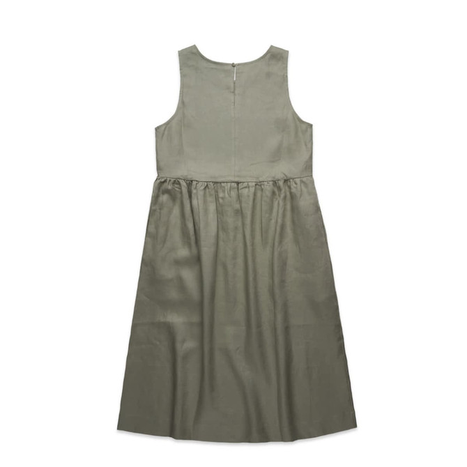 A green linen dress with a fitted bodice and a gathered skirt. The dress has a straight neckline and a zip closure at the back.