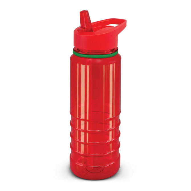 A drink bottle in vibrant red with a green accent, featuring a straw and a handle. It has a logo on the side.