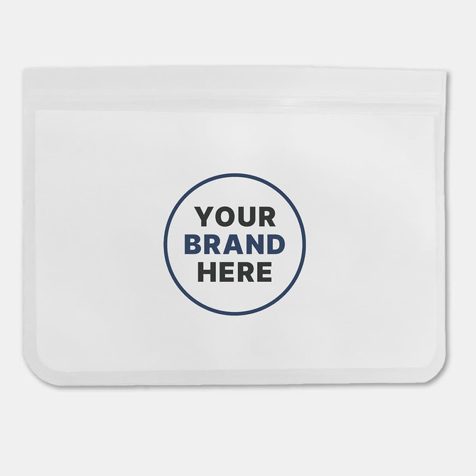 A white PEVA reusable food storage bag, featuring a circular logo placeholder in the centre.