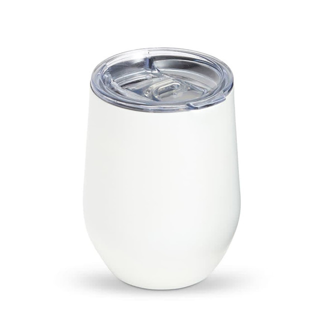 A drink mug in a glossy white finish, featuring a clear lid, designed for beverages.
