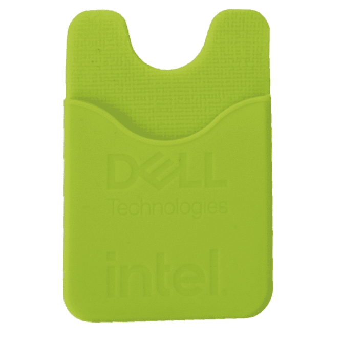 A green phone wallet with a textured surface and an open top for easy access, featuring a logo.
