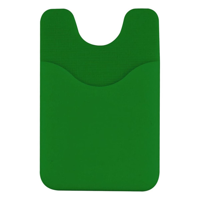 A green phone wallet featuring two pockets for cards. It includes a logo.
