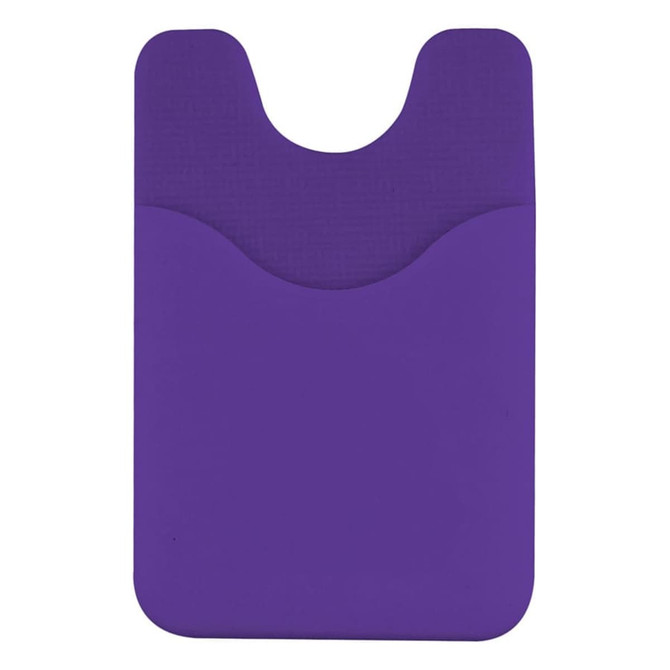 A purple phone wallet with a two-pocket design, featuring a logo on the front.