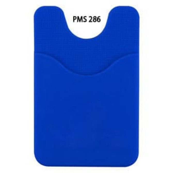 A blue phone wallet with a textured area and a rounded top, featuring a logo.
