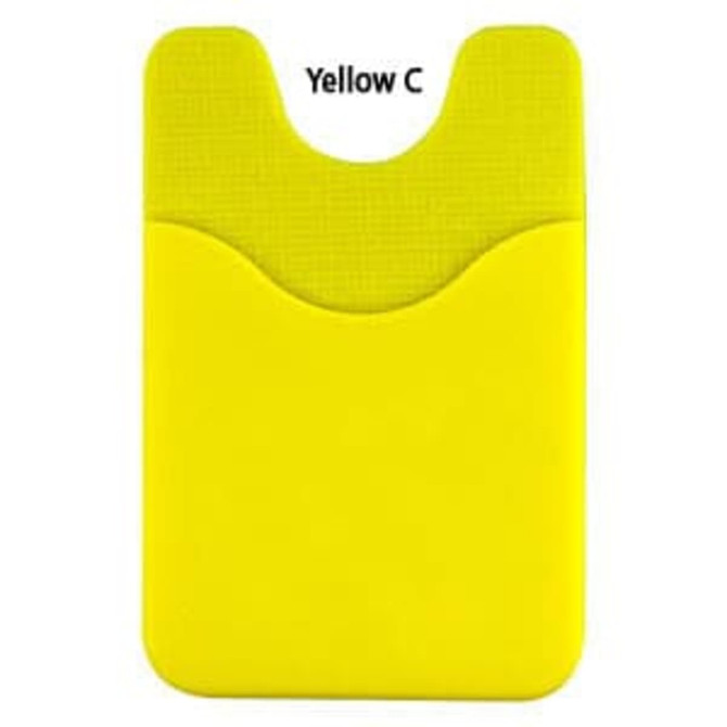 A bright yellow phone wallet with a textured surface and a cut-out design at the top, featuring a logo.