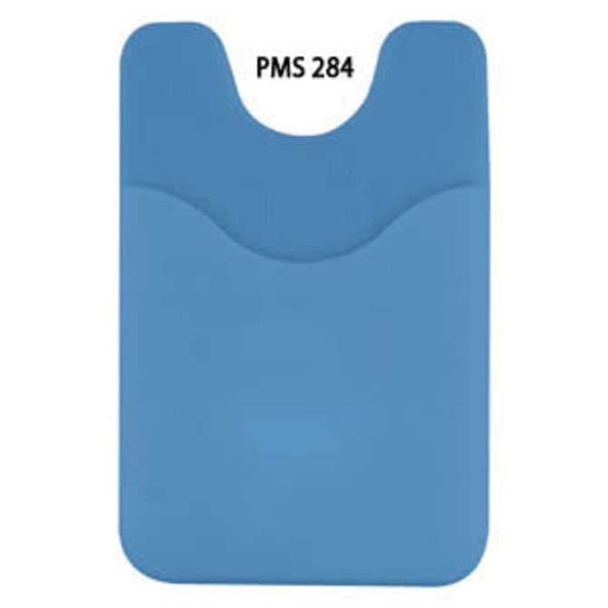 A blue phone wallet with a smooth finish and a slot for cards. It features a logo on the surface.