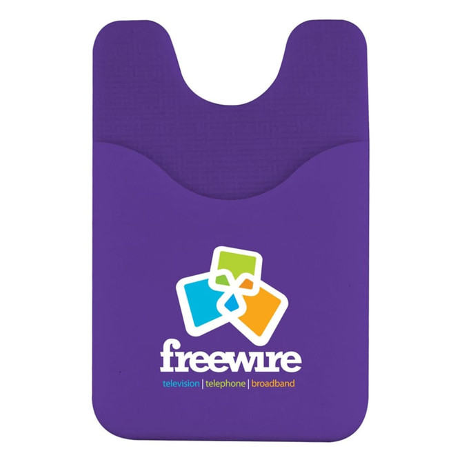 A purple phone wallet featuring a pocket design and a logo at the bottom.