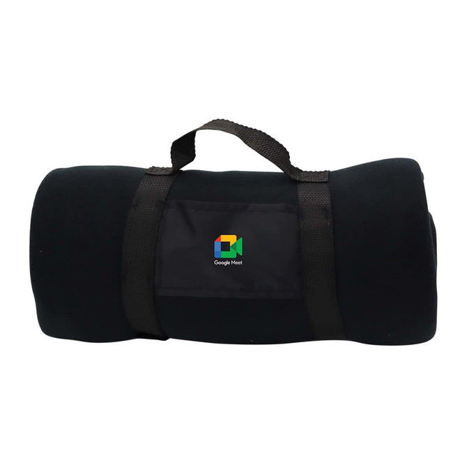 A folded green blanket secured with a black strap, featuring a branding logo.