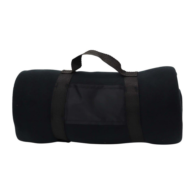 A rolled-up black blanket secured with a strap, featuring a clear pocket, showcasing a simple and practical design.