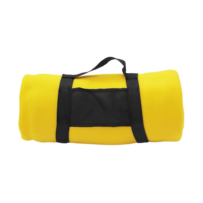 A rolled-up Jupiter Blanket in bright yellow, secured with a black strap, featuring a black logo or branding area.