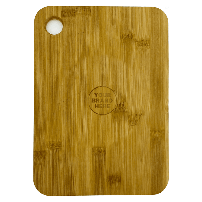 A large bamboo cutting board with a round hole, featuring a logo in the centre. The board has a natural wood finish.