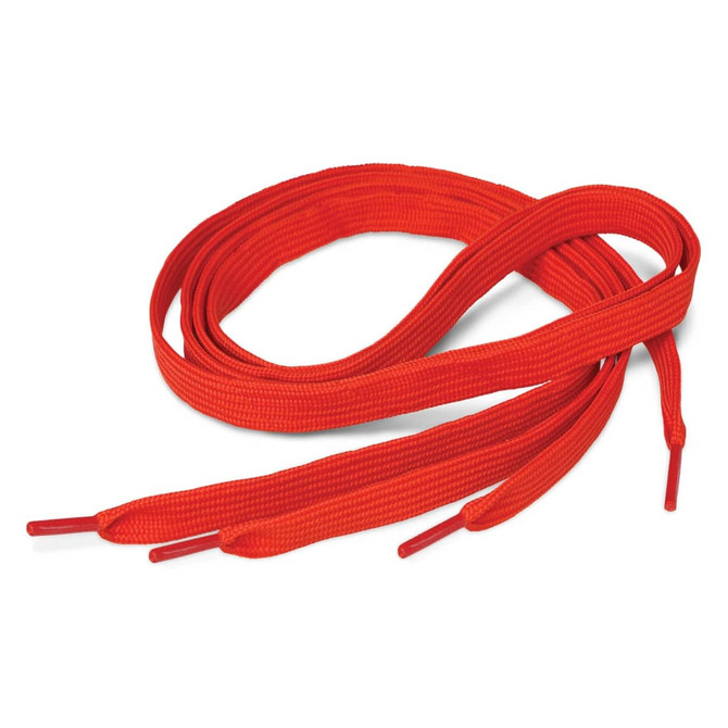 A pair of red shoe laces with rounded tips, neatly coiled.