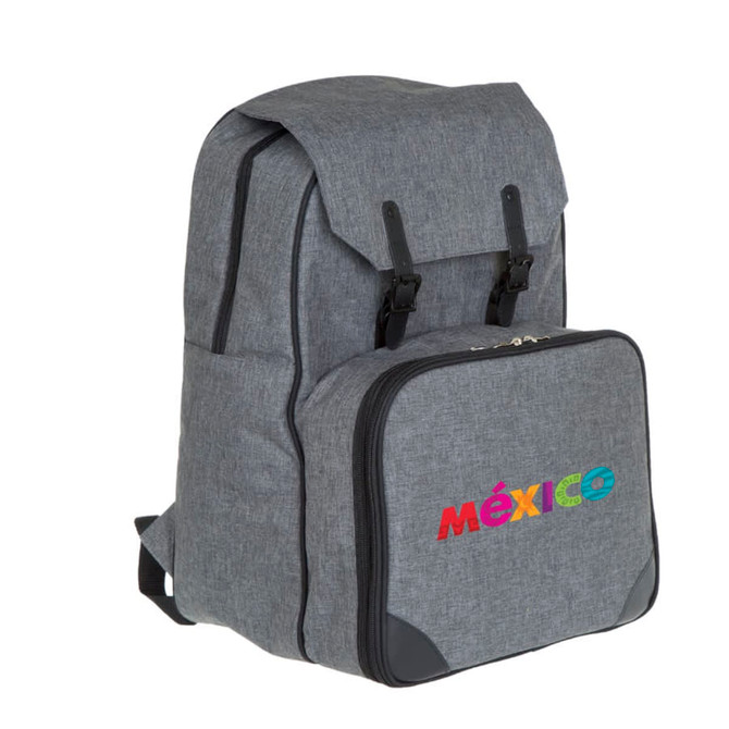 A grey backpack with a front compartment and a logo, featuring adjustable straps and a flap closure.