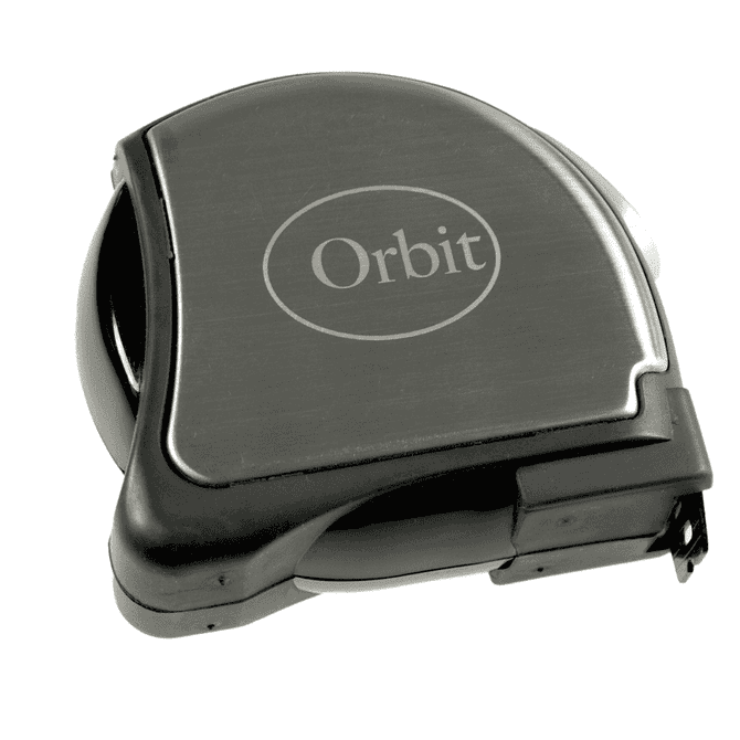 A professional 5-metre tape measure in black and silver, featuring a circular design and a branding logo.