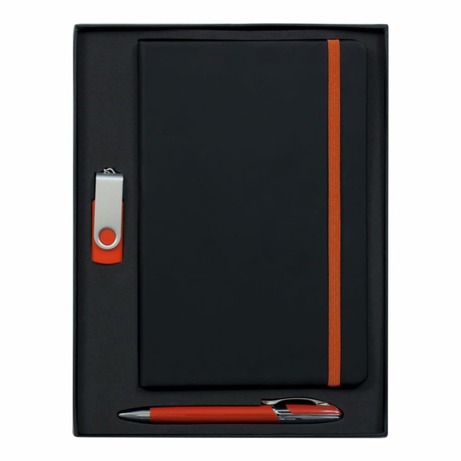 A black notebook with an orange elastic band, a silver USB drive, and an orange-accented silver pen in a box.