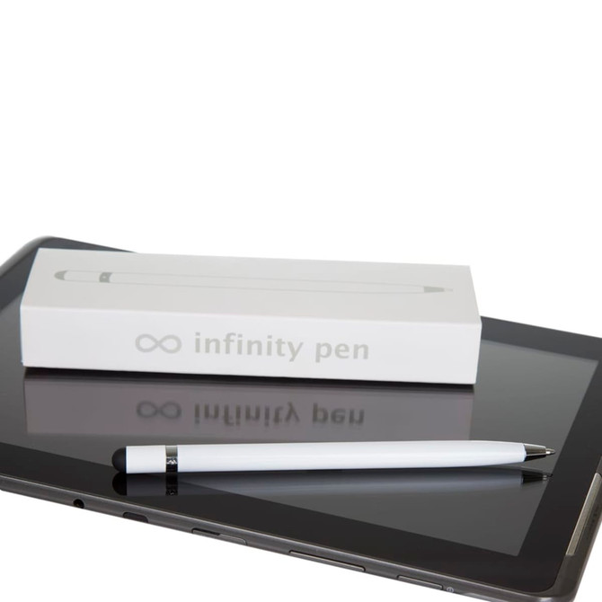 A white Infinity Pen rests on a tablet beside its white packaging, featuring a simple logo.