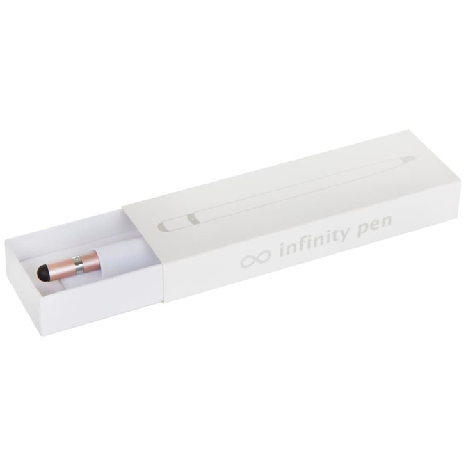 A metal pen in a presentation box, featuring a sleek design with a rose gold colour, and a logo on the box.