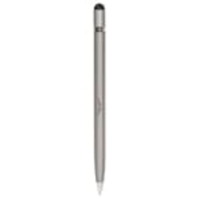 A metal pen in silver with a sleek design, featuring a black tip and a branding logo at the base.