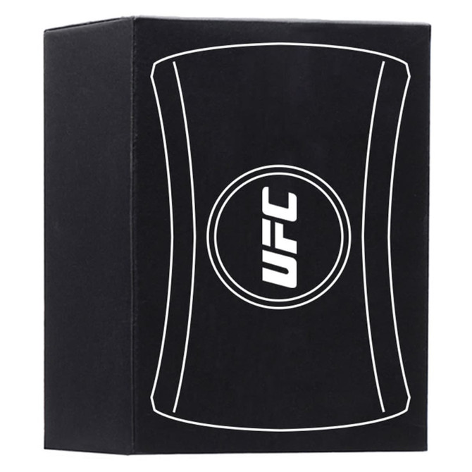 A black box featuring a circular logo with a white outline and branding, designed for a promotional product.