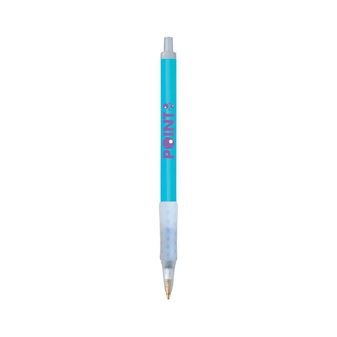 A blue plastic pen with a clear grip and a logo at the top, designed for writing.