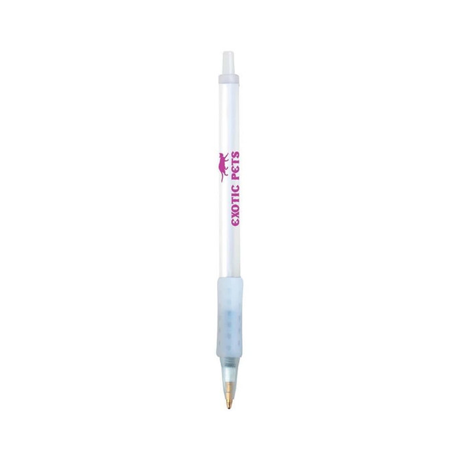 A clear plastic pen with a light blue grip and a branding logo. The pen features a gold tip for writing.