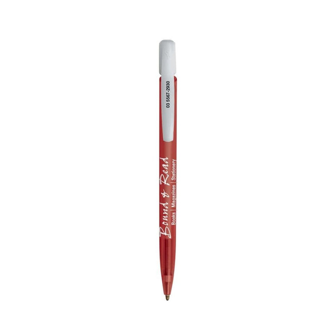 A red plastic pen with a white top, featuring a logo on its barrel.