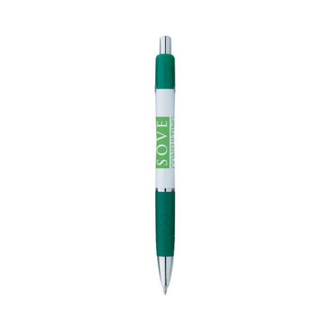 A green and white promotional pen featuring a logo and a click mechanism.