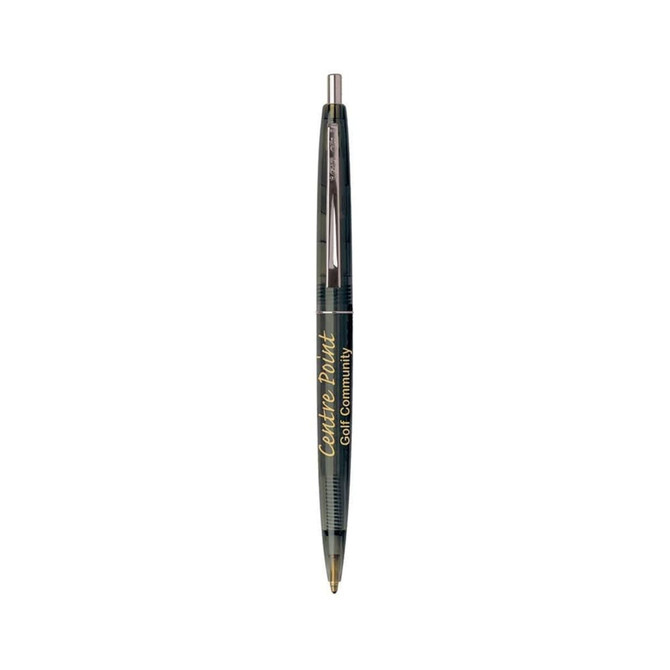 A green plastic pen with a click mechanism, featuring a logo on its barrel.