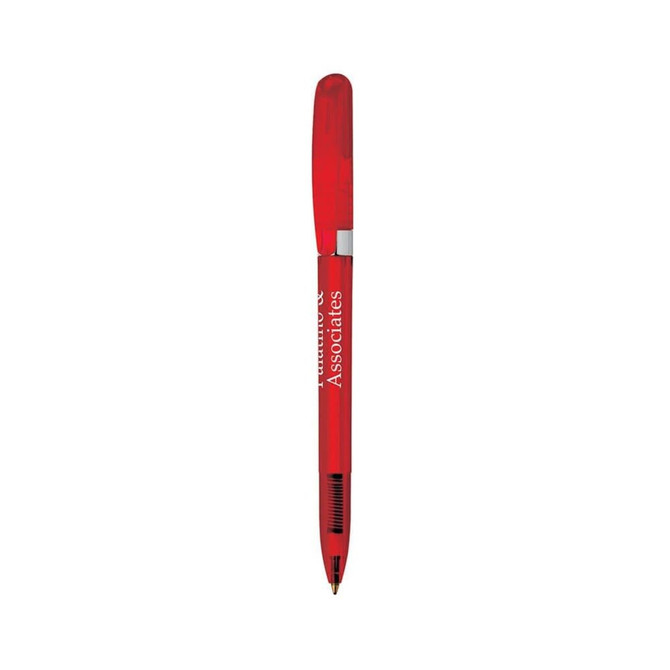 A red metal pen with a transparent chrome clip and a branded logo on the barrel.