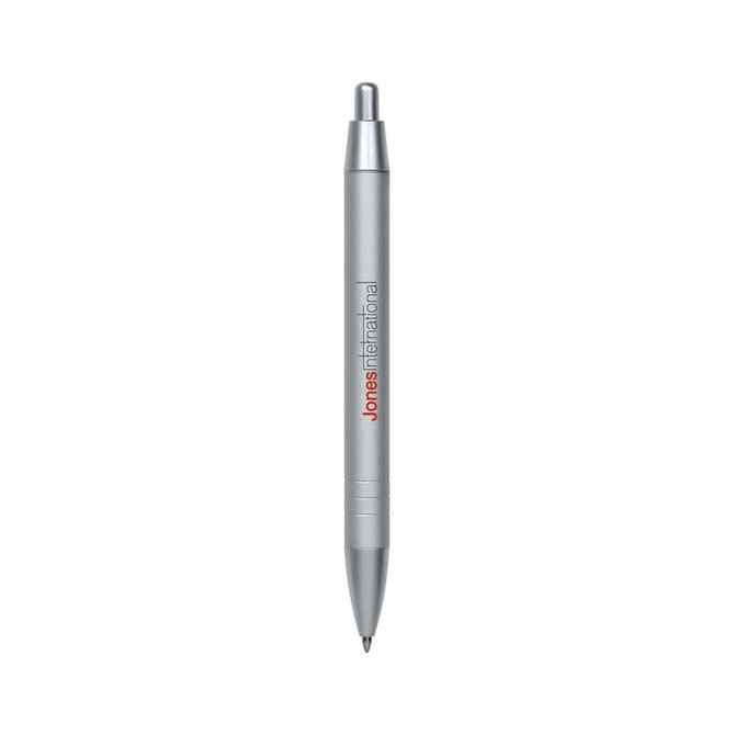 A silver metal pen featuring a logo, with a sleek design and a smooth click mechanism.