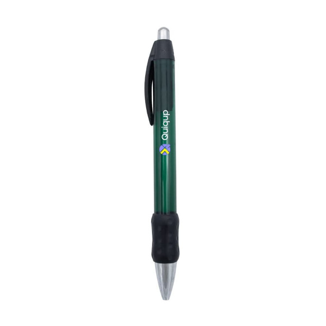 A metal pen with a green body, black grip, and silver tip, featuring a logo on the side.