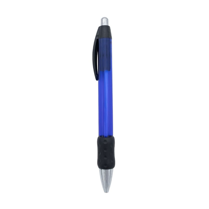 A blue metal grip pen with a chrome tip and a black rubber grip. It features a branding logo.