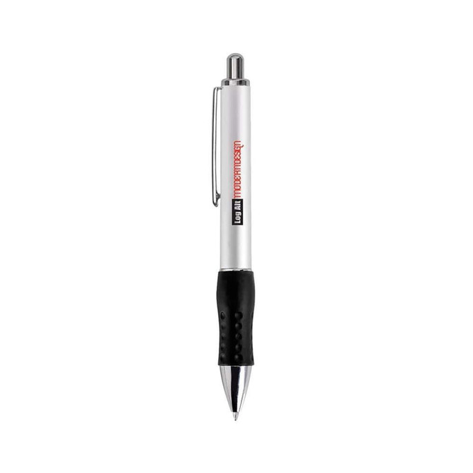 A silver retractable pen with a black grip and a branding logo.