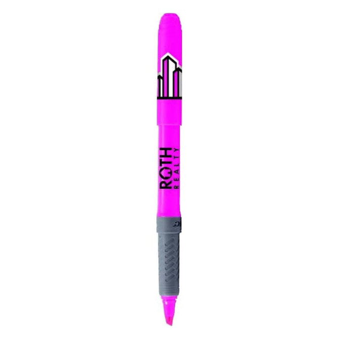 A pink highlighter pen with a grey grip and a logo on the barrel.