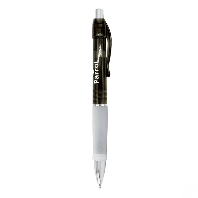 A plastic pen with a black body, white grip, and a clear click mechanism. It features a logo.