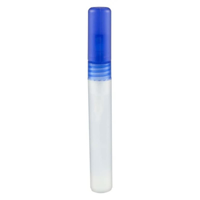 A 10ml sanitiser spray bottle with a transparent body and a blue spray cap. It features a branding logo.