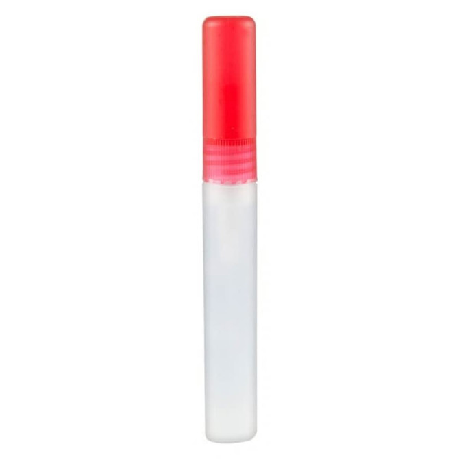 A clear 10ml sanitiser spray bottle with a red cap. The bottle has a minimalist design and features a logo.