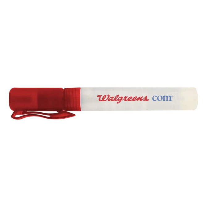 A transparent 10ml sanitiser spray with a red cap and clip, featuring branding on its side.