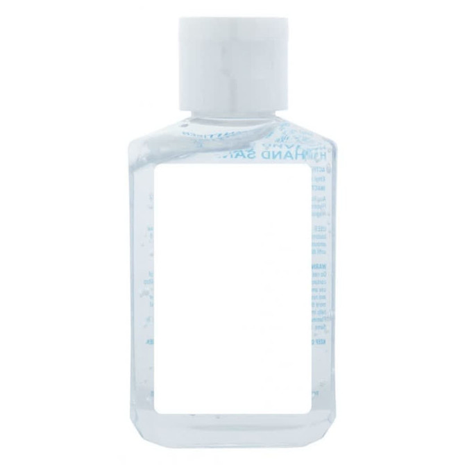 A transparent 60ml hand sanitiser gel bottle with a white cap, containing 75% ethyl-alcohol.