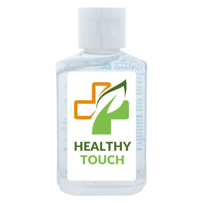 A clear 60ml hand sanitiser gel bottle with a white cap and a logo on the front. Contains 75% ethyl-alcohol.