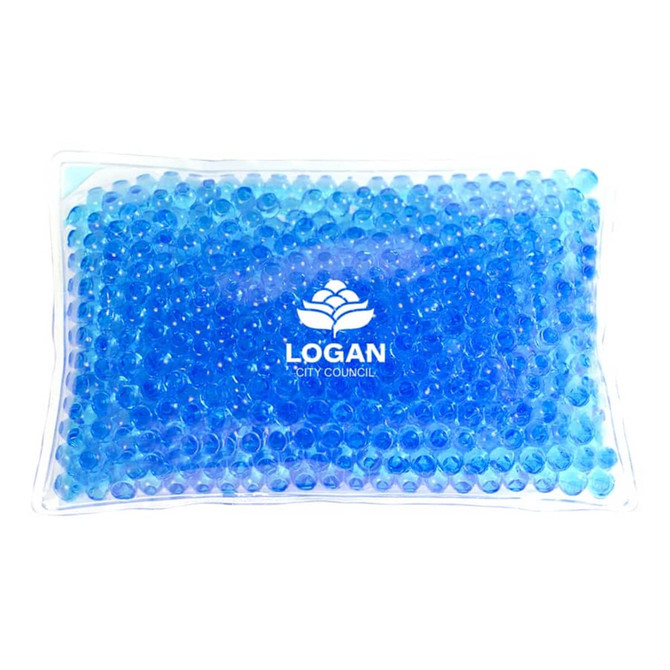 A clear cooling pack filled with blue caviar-like beads, featuring a logo.