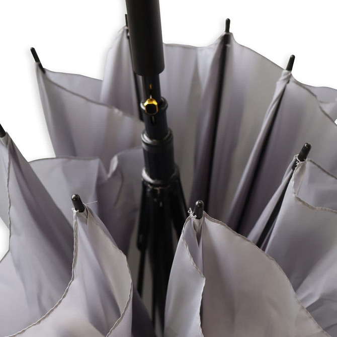 A corporate umbrella in grey with multiple panels and a central black handle, featuring a logo on the shaft.