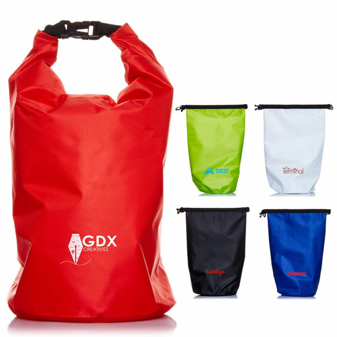 A red 10L dry bag featuring a logo, accompanied by smaller bags in black, blue, and white.