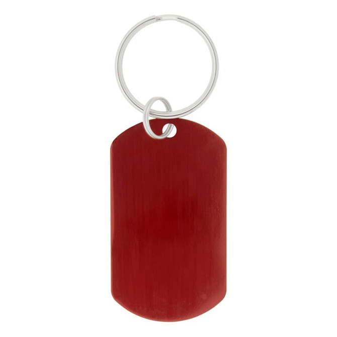 A red dog tag keychain with a metal ring for attachment. The tag has a smooth surface and rounded edges.