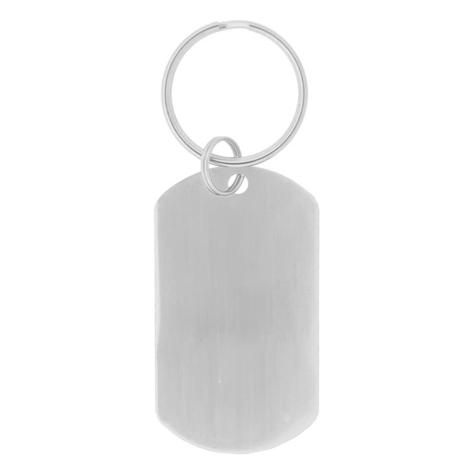A metal dog tag keychain with a silver finish and a keyring attachment.