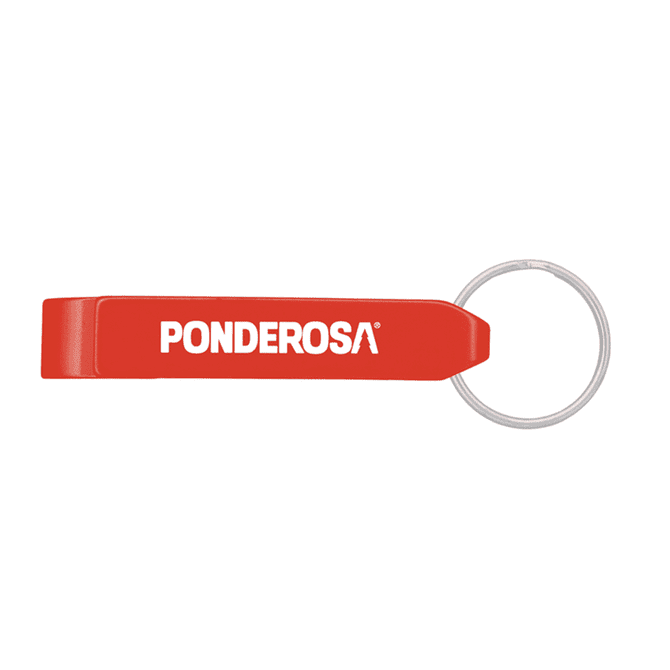 A drink bottle opener in red with a keychain ring and a logo.