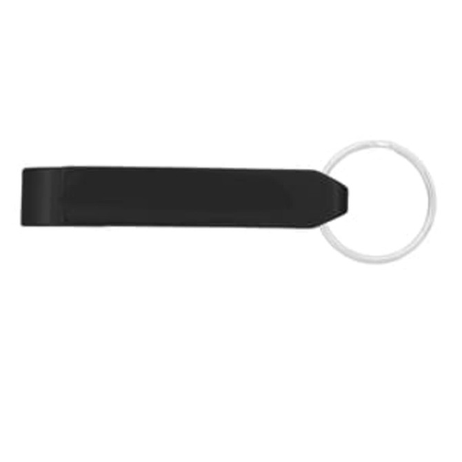 A drink bottle opener in black with a silver keyring attachment. It features a simple, sleek design.