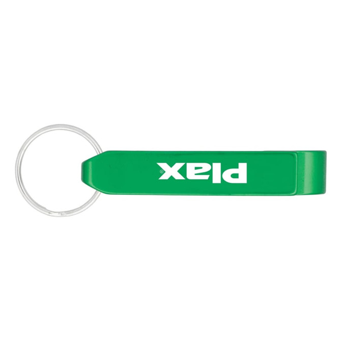 A drink bottle opener in bright green with a keyring attachment, featuring a logo on one side.