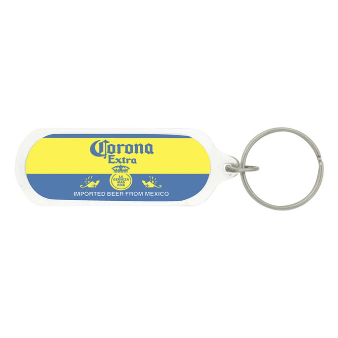 An oval acrylic keychain featuring blue, yellow, and white colours, with a metal keyring attachment.